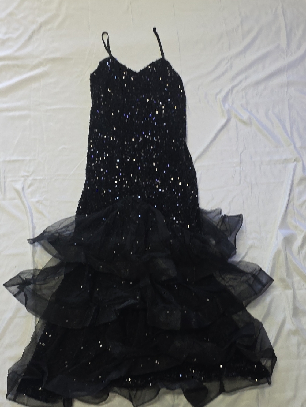 Black Sequin Ruffle Tulle Prom Dress with Spaghetti Straps